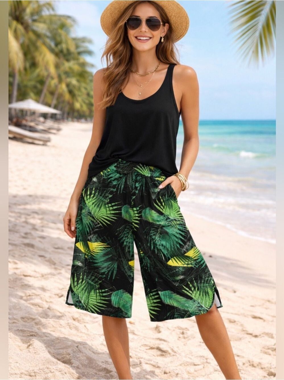 FABLETICS TROPICAL PALM CULOTTE PANTS FLOWY BEACH RESORT WIDE LEG TRAVEL RESORT
